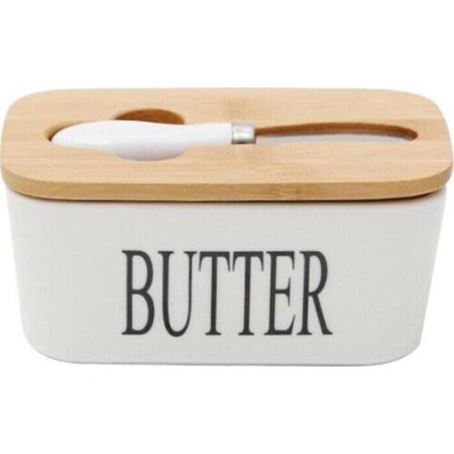 2020 Hot Sale Nordic Butter Sealed Ceramic Box With Knife Butter White Board Wooden Lid Cheese Butter Container Tray