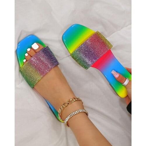 2021 Summer New Rhinestone Sandals Open Toe Flat Womens Shoes Outdoor Casual Slippers Plus Size