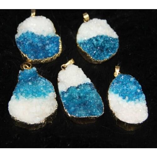 25*35mm) Plate Wrapped Druzy Charms Drop Pendant 4pcs/lot Aqua Mix White Drusy Stone Pendant Oval Shape for Chain Necklace