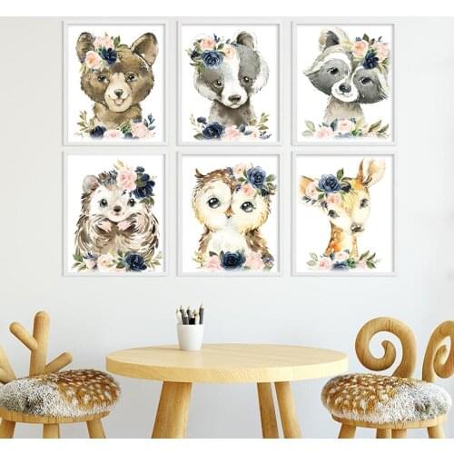 Nursery Girls Cartoon Floral Animals Canvas Painting Boho Style Baby Room Decoration Picture Nordic Posters Prints Wall Pictures