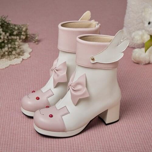 Kids Lolita Mid-calf Boots Cute And Sweet Rabbit-Shaped Female Mid-Top Boots Wings Applique Kawaii Japanese Style Student Shoes