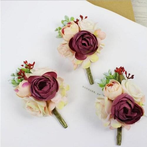 DIY 10pcs artificial wine red rose corsage Groom Boutonniere brooch women corsage flower bridal Flowers Wedding party flower