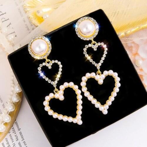 Exknl Design Shiny Crystal Rhinestone Heart Pendant Dangle Earrings For Women Jewelry Fashion Statement Earrings Pearl Accessory