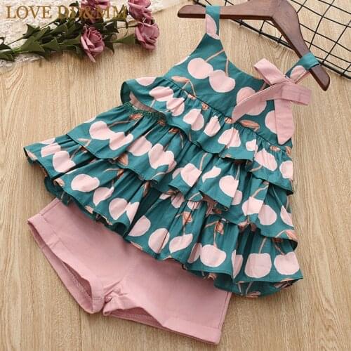 LOVE DD&MM Girls Sets 2021 Summer New Childrens Clothing Girls Bow Strap Flowers Multi-Layer Jacket + Solid Color Shorts Suit