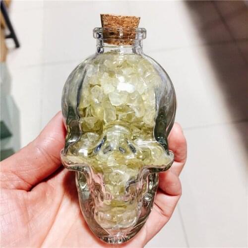 Creative Skull Shape Glass Bottle Natural Tumbled Crystal Stone Pink Rose Red Agate Energy Powerful Statue Home Decoration Gift