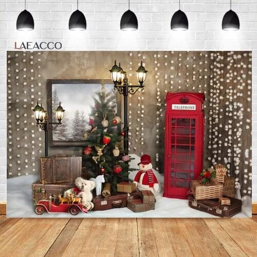 Laeacco Indoor Cartoon Snowman Telephone Street Light Christmas Tree Background Baby Customized Portrait Photography Backdrops