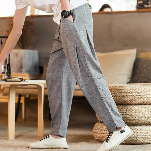Hot Sale 2021 Chinese Style Mens Linen Pants Fashion Loose Feet Harem Pants Spring Thin Trend Beach Cotton Linen Casual Pants