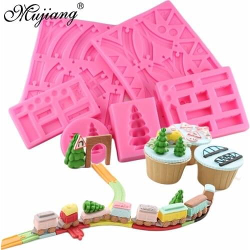 Mujiang Creative 6Pcs 3D Train Track Pine Fondant Mold Baby Birthday Cake Decorating Silicone Molds Chocolate Gumpaste Moulds