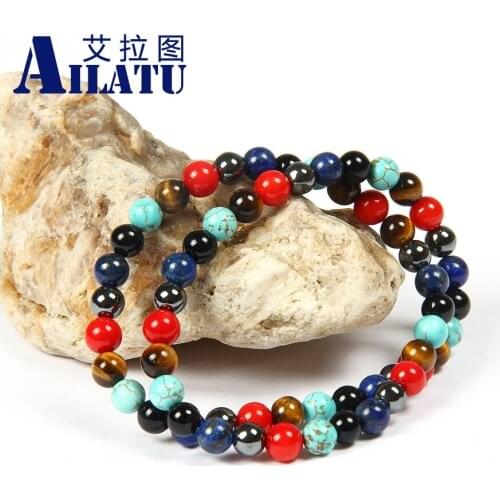 Mens Wrap-Around Jewelry 6mm Natural Tiger Eye Red Coral Stone Elastic Beaded Wristband Bracelet Drop Shipping Customized Size