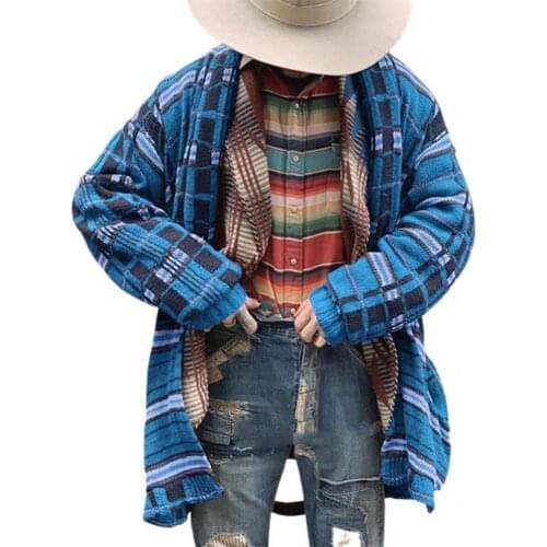 Soft Trendy Warm Long Cardigan Sweater Comfy Knitted Cardigan Plaid Printed Outerwear