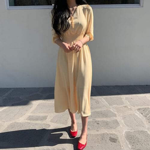 Obrix Vintage Sweet Female Dress Spring Summer Vibe Light Chiffon Ladies V-Neck Shortened Sleeve Mid Length Elastic Waist Dress