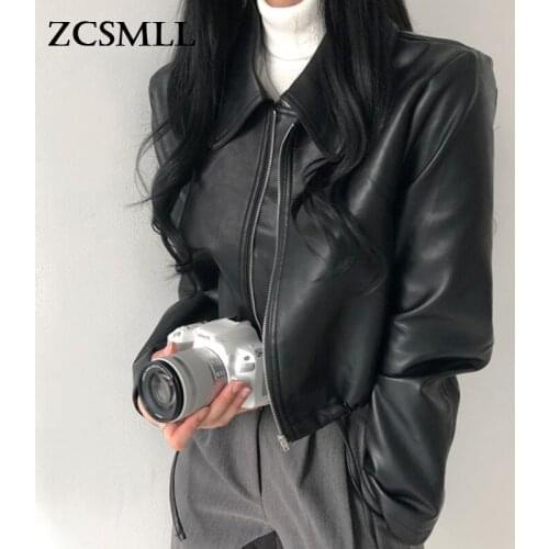 ZCSMLL Lapel Zipper Looselong Sleeve Casual Short Locomotive Leather Jacket Korean Fashion 2021 Autumn Handsome Women Pu Coat
