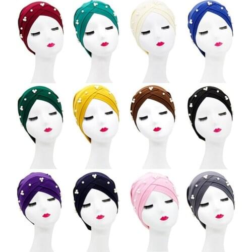 Bonnets For Women Designer Fashion Pearl Headband Hat Forehead Cross Headband Hat Pure Color Milk Silk Muslim National Hat