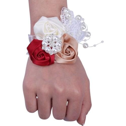 Promotional Bride and Bridesmaid Wrist Corsage Elastic Bracelet Rhinestone Ribbon Rose Handmade Party Wedding Props SW050