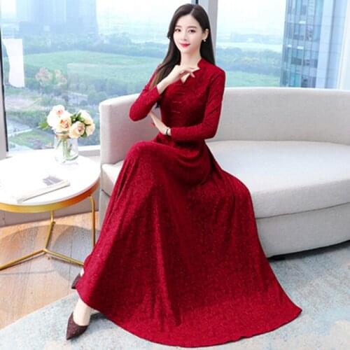 Spring Womens DressesLarge size New Fashion Solid Vintage Dress the waist and show thin temperamen Long Lady Party Dress