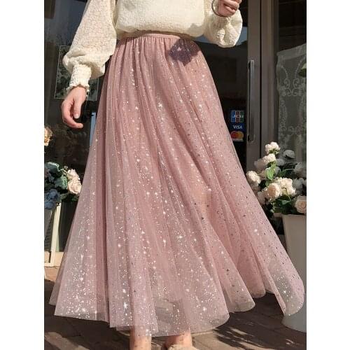 Spring Women Elegant Double-Layer Sequined Stars Mesh Midi Skirts Autumn Fashion Ladies Streetwear High Waist Tulle Skirt DS279