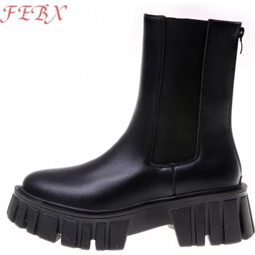 Womens Chelsea Boots Leather Platform Women Ankle Boots Female Autumn Slip On Chunky Heel Shoes Ladies Casual Booties Fashion
