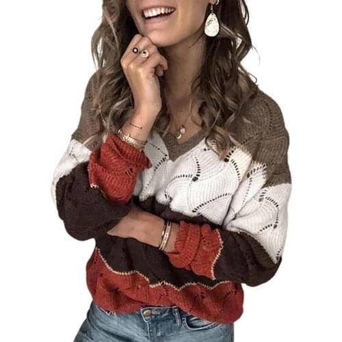 Ele-Choices Women Autumn Winter V Neck Long Sleeve Color Block Knitted Sweater Hollow Jumper