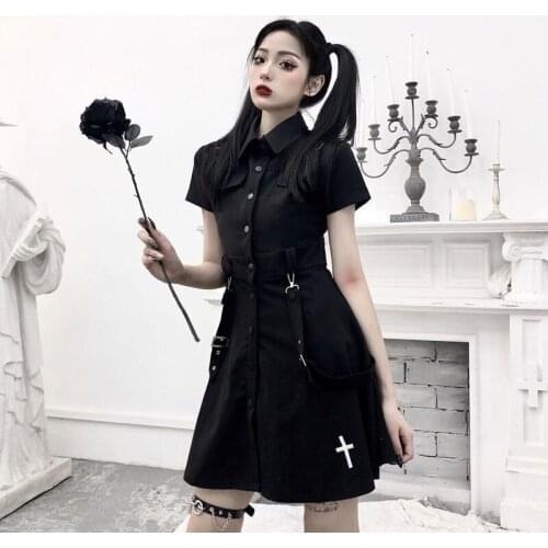 Goth Black Dress Girl Punk Gothic Harajuku Summer Mini Dress Shirt Women 2021 Short Sleeve Emo Clothes Mall Goth Accessories