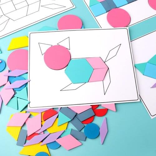 180pcs Wooden Pattern Blocks Set for Kids Geometric Shape Puzzle Kindergarten Classic Educational Montessori Tangram Toys Ship