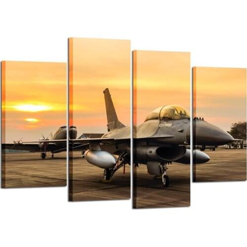 4 Panel Canvas Prints F-16 Fighting Falcon Fighter Jet on Sunset Wall Art Military Airplane Giclee Canvas Picture Drop shipping