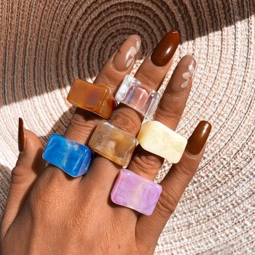 6Pcs/Set Trendy Colourful Resin Acrylic Rings For Women Korean Creative Geometric Square Round Irregular Ring Jewelry
