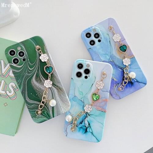 Colorful Marble Wrist Bracelet Case For iPhone 11 12 Pro X Xr Xs Max 12 Mini SE2 7 8 Plus Flower Pearl Love Gem Chain Soft Cover