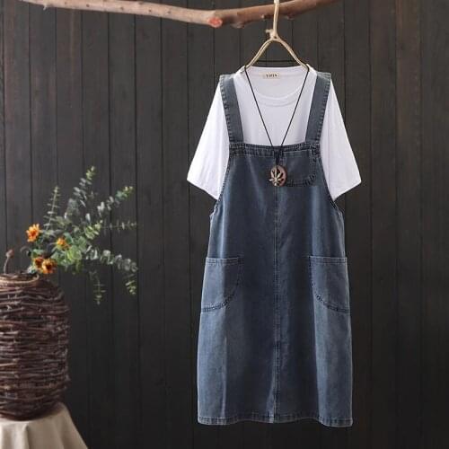 Denim Overall Dresses Women 2021 Spring Summer New Plus Size Solid Spaghetti Strap Loose Casual Jeans Midi Dress Sundress