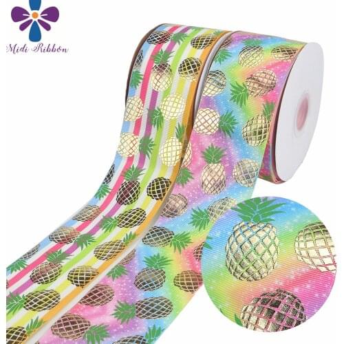 3 "75mm Fruit Series Golden Pineapple Print Gradient / Stripe Holographic Ribbon DIY Holiday Hairpin Decoration 50 Yards / Roll