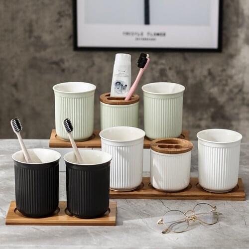 Ceramic Mouthwash Cup Couple Tumblers Gargle Cup With wood tray Home Toothbrush Holders Bathroom Washing Supplies