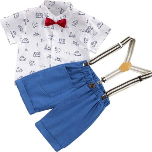 Summer Little Boys Shirt Shorts Set, Toddlers Car Printing Short Sleeve Stand Collar Bow Tie Top + Suspender Short Trousers