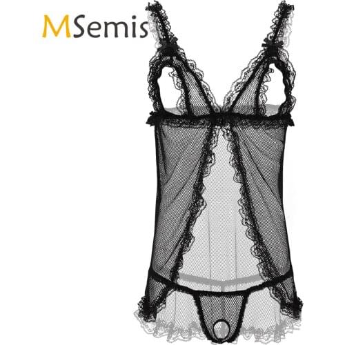 2Pcs Mens Sissy Bodysuit See Through Sheer Fishnet Lace Lingerie Set Elastic Shoulder Straps Open Cups Tops with G-string Briefs