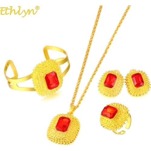 Ethlyn Ethiopian Jewelry Sets for Lover Necklaces Clip Earrings Ring Bangle Gold Color Africa Bride Wedding Habesha Eritrea Gift
