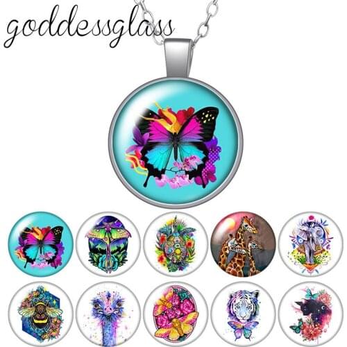 Beauty Butterfly Giraffe Bee ostrich Tiger Round Glass glass cabochon silver plated/Crystal pendant necklace jewelry for Gift