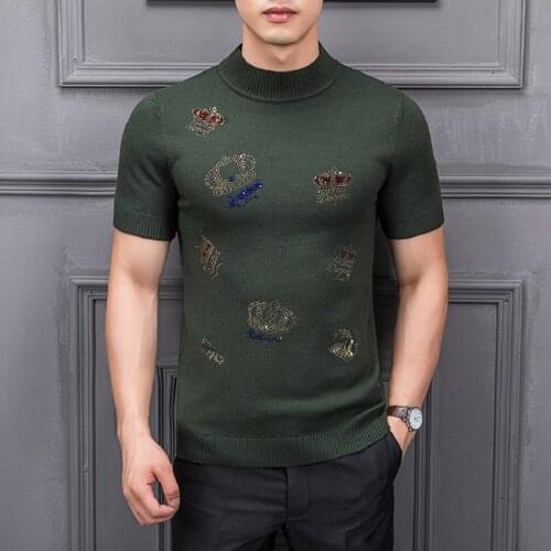 Mens T-Shirt Fall/Winter Exaggerated Crown Sweater Fashion Hot Rhinestone Short Sleeve Casual Knit Top Fabric