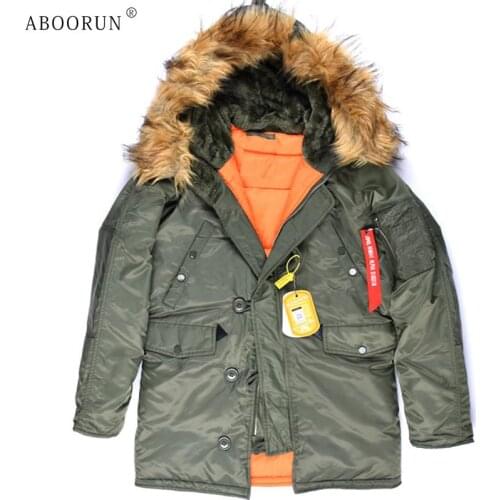 ABOORUN Mens Winter Military N3B Bomber Jacket Army Thick Long Combat Fur Coat Casual Warm Parka for Male