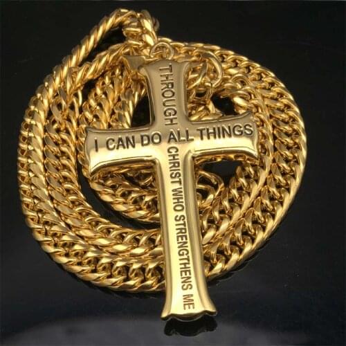 Mens Gold/Silver Necklace Stainless Steel Cross Pendant Necklace Bible Verse With Curb Chain