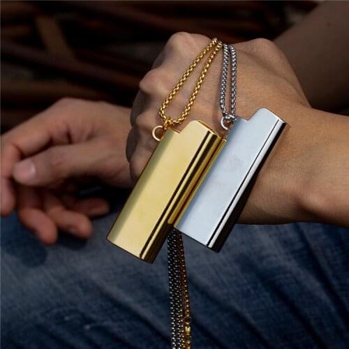 Iced Out Lighter Cover Shape Pendant Necklace with 70cm Stainless Steel Long Chain Hip Hop Men Jewelry Drop Shipping