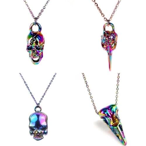 Rainbow Crow Skull Pendant Necklace Nordic Viking 50cm Steel Chain Necklace New Gothic Jewelry
