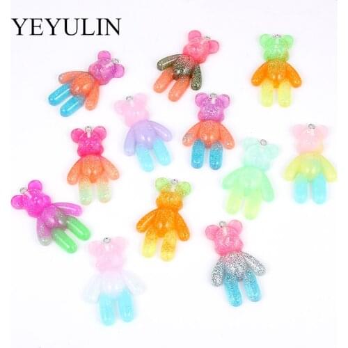 10pcs Glittering Sweet Gummy Bear Gradient Color Resin Cabochons Charms Pendant For Girl Kids Bracelet Jewelry Accessory 44*27MM