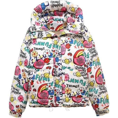 Women Winter Coats Fashion Printed Down Jackets Female Elegant Loose Hooded Jacket White Duck Down Thickened Warm Coat OK1042