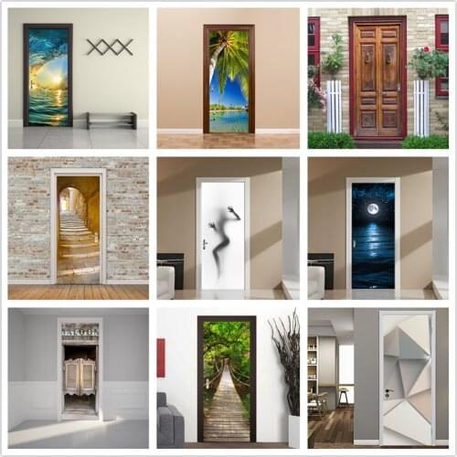 3D Landscape Door Sticker DIY PVC Self Adhesive Wallpaper Waterproof Mural Decals For Livingroom Bedroom Home Design deursticker
