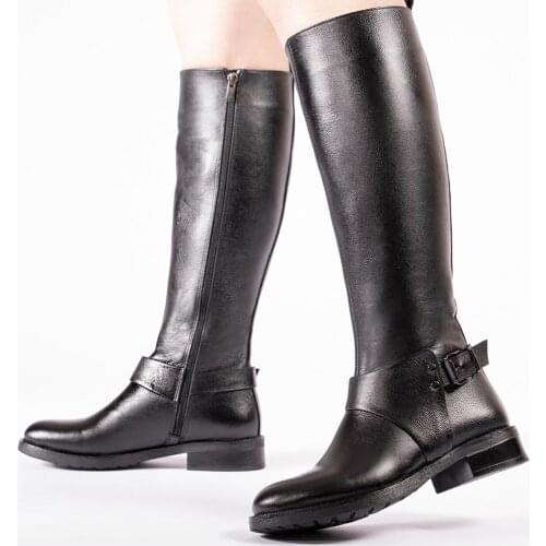 Callizio Women Knee High Boots Genuine Leather Hook and Buckle Loop Block Short Heeled Boot Zippered Shoes Handmade Booties