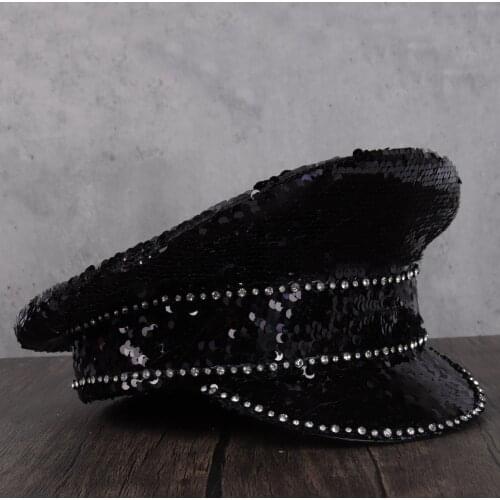 Women Sequin Burning Military Hat Steampunk Glasses Captain Sergeant Hat Rhinestone Halloween Festival Part Hat