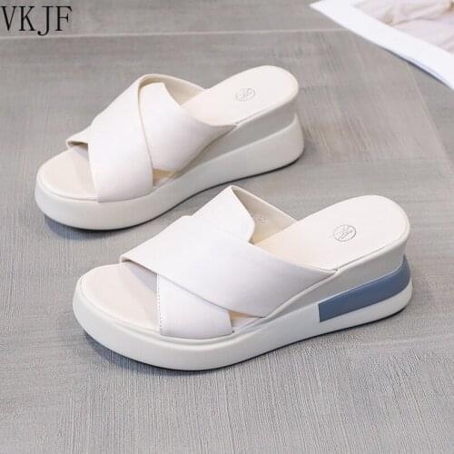 House Slippers Platform Shoes Woman 2021 Pantofle Peep Toe on A Wedge Low Lady Summer New Girl Rome Basic Slides Fabric
