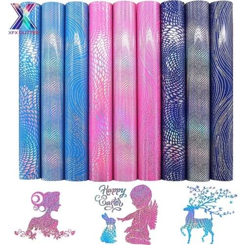 XFX HTV Cricut Vinyl 9 Pcs 12x10In Holographic Laser Blue Heat Transfer Vinyl Cricut Lizard Ripple Patterned Tshirt Iron-on HTV