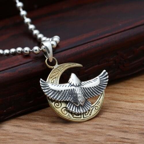 S925 Sterling Silver Jewelry Retro Thai Silver Mens and Womens Personality Moon Bend Flying Eagle Simple Pendant