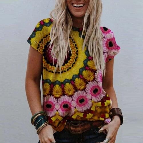 Women Short Sleeve T-Shirt 2021 Summer Flowers Print Ladies Tee Tops Round Neck Female Casual Pullover Vintage Street Wear