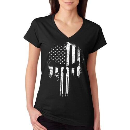 USA Flag B&W Skull Womens V-Neck T-Shirt