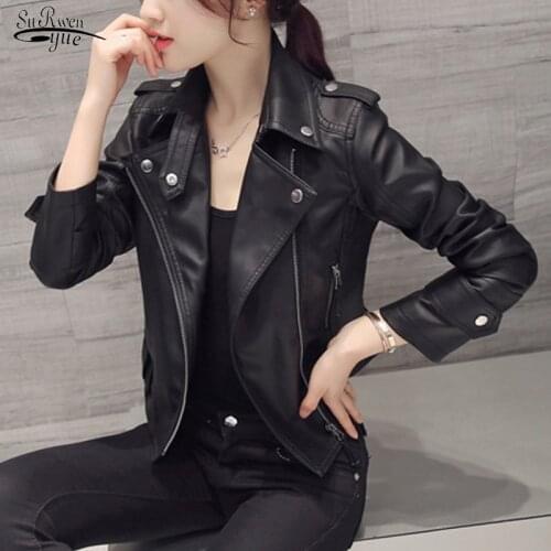 Spring Autumn Women Turn-down Collar Zipper Slim Black Moto & Biker Jacket Ladies Motorcycle Leather Jackets Female Coat 15690